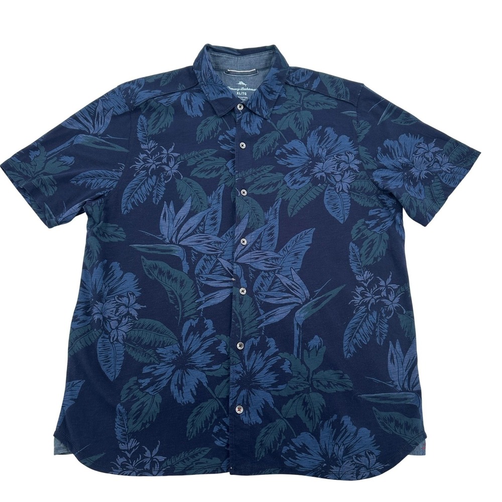 Tommy Bahama Mens XL Blue Tropical Floral Bird of Paradise Button Up Shirt Golf